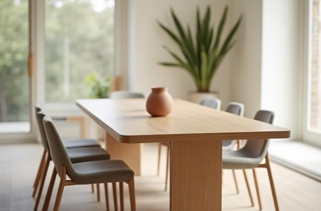 Skreddersydd trebord i moderne interiør, god belysning.