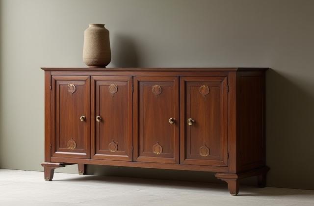 Elegant skap med håndtilla detaljer i et minimalistisk rom, dempede farger.