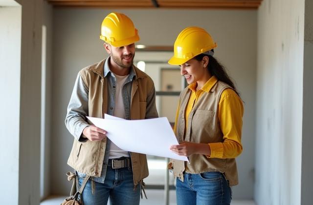 Byggearbeidere diskuterer tegninger på en byggeplass, fokus på teamarbeid.