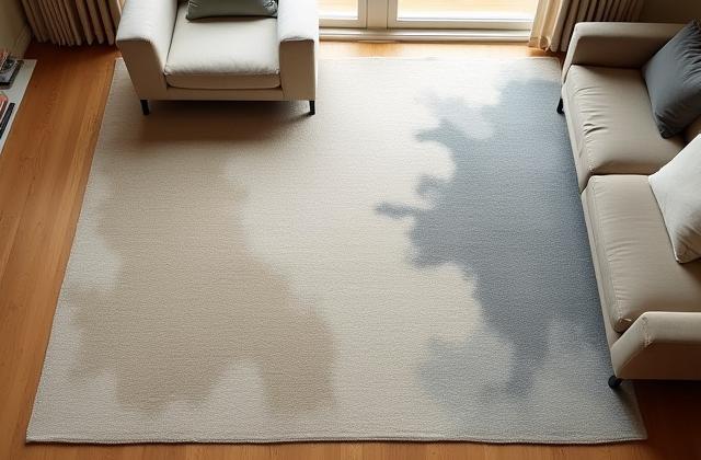 Stort, håndvevet ullteppe med subtilt mønster i en moderne stue, dempede farger.